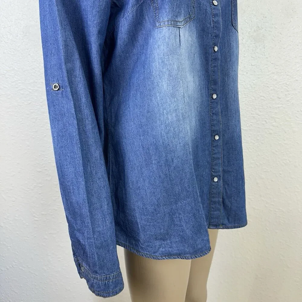 Cavalini Denim Collection Top XLarge, 3/4 Roll Tab Sleeve Shirt Blue Cowgirl - Picture 6 of 9